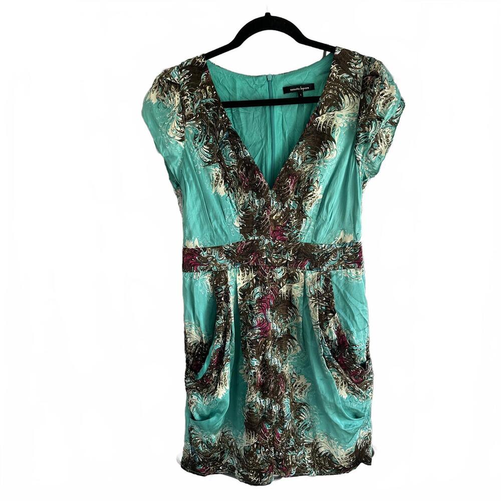 Nanette Lepore women Teal Floral Short Sleeve Dress 100% Silk- Size 6